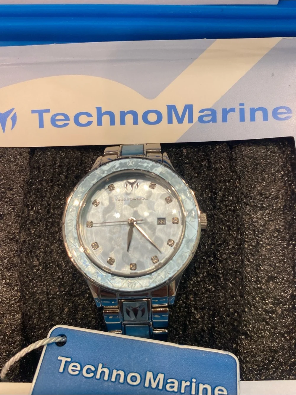 Technomarine Silver and Blue Stainless Steel Watch in Branded Case
